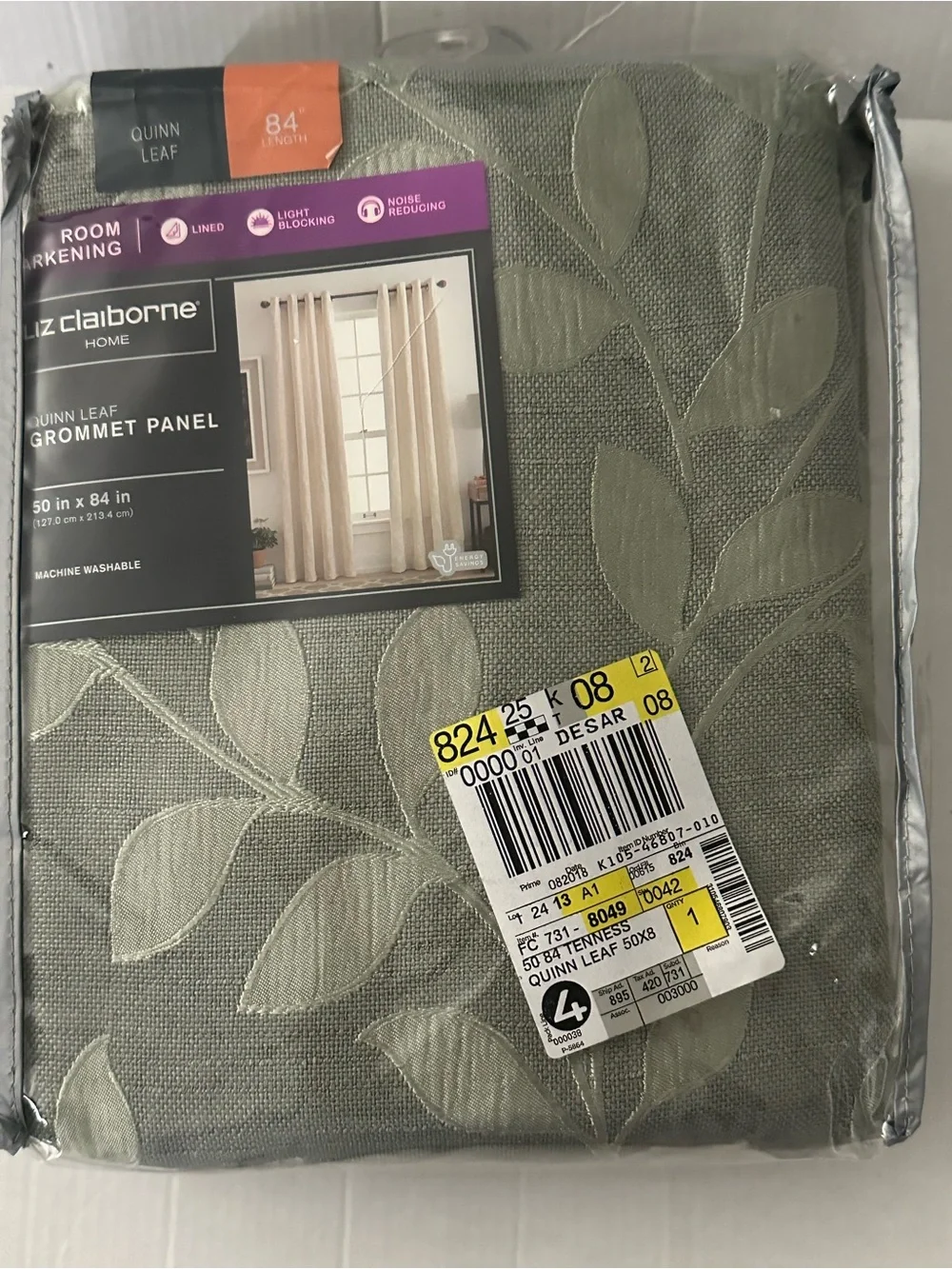 LizLiz Claiborne Home Quinn Leaf Room Darkening Grommet Curtain Panel 50x84 Sage